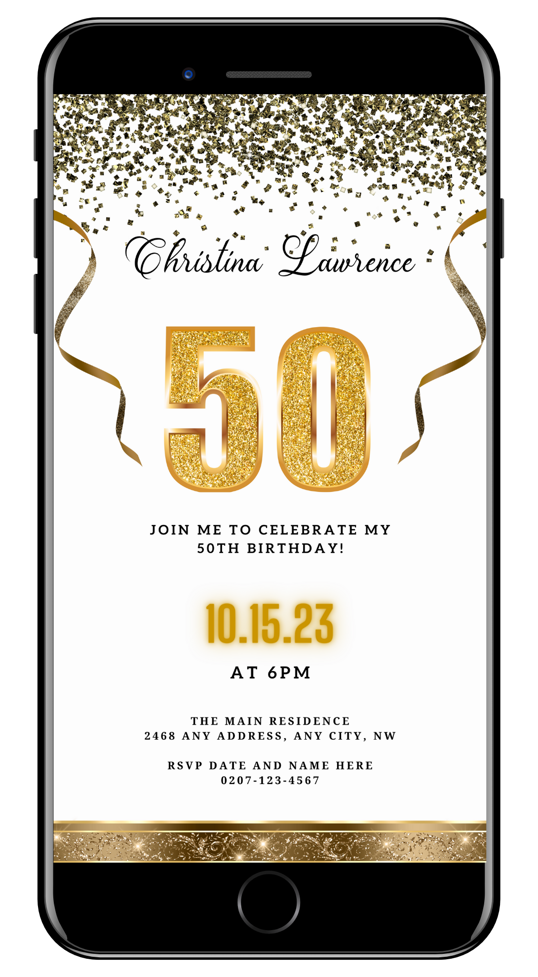 Customisable 50th Birthday Evite featuring white gold confetti design, editable via Canva on PC, tablet, or smartphone; includes gold text and decorative ribbons.