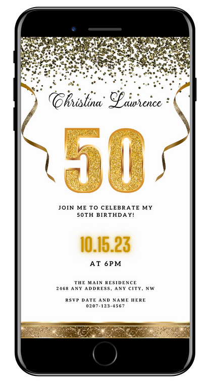 Customisable 50th Birthday Evite featuring white gold confetti design, editable via Canva on PC, tablet, or smartphone; includes gold text and decorative ribbons.