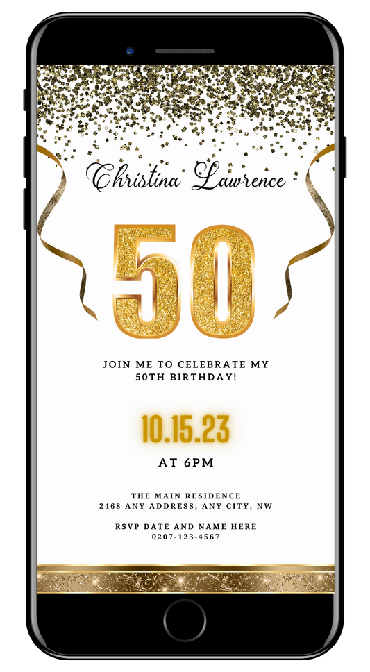 Customisable 50th Birthday Evite featuring white gold confetti design, editable via Canva on PC, tablet, or smartphone; includes gold text and decorative ribbons.