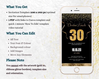 Customizable Black Gold Confetti 30th Birthday Evite displayed on a smartphone screen, showcasing editable gold text and design elements for personalizing event details.