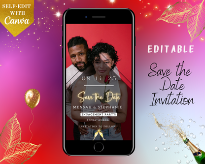 Editable Digital Diamond Photo Engagement | Save The Date Evite displayed on a smartphone screen, featuring a couple holding a rose, customizable via Canva.