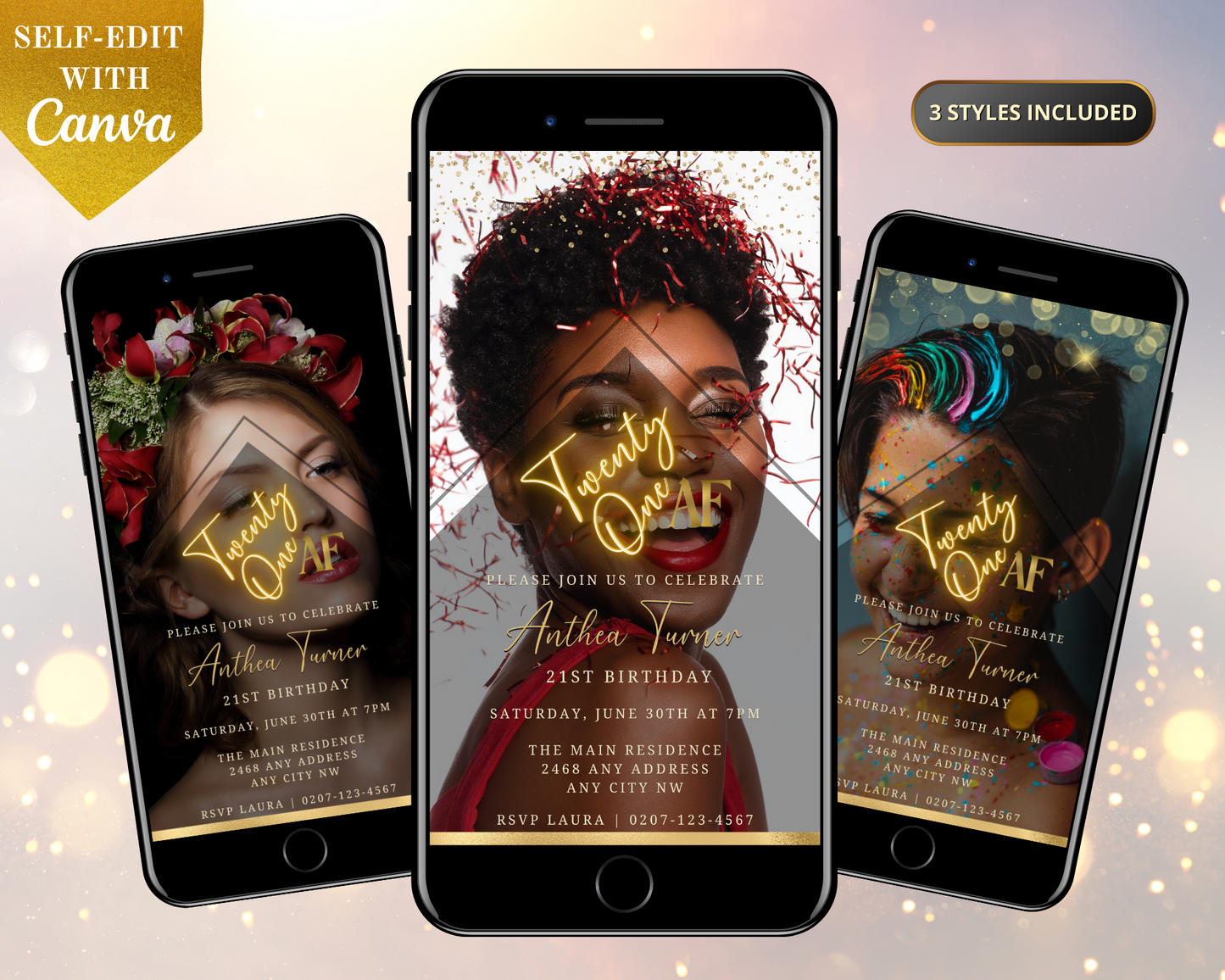 Group of cell phones displaying customizable Photo Background Gold | 21AF Birthday Evite templates featuring various women's faces for digital invitations.