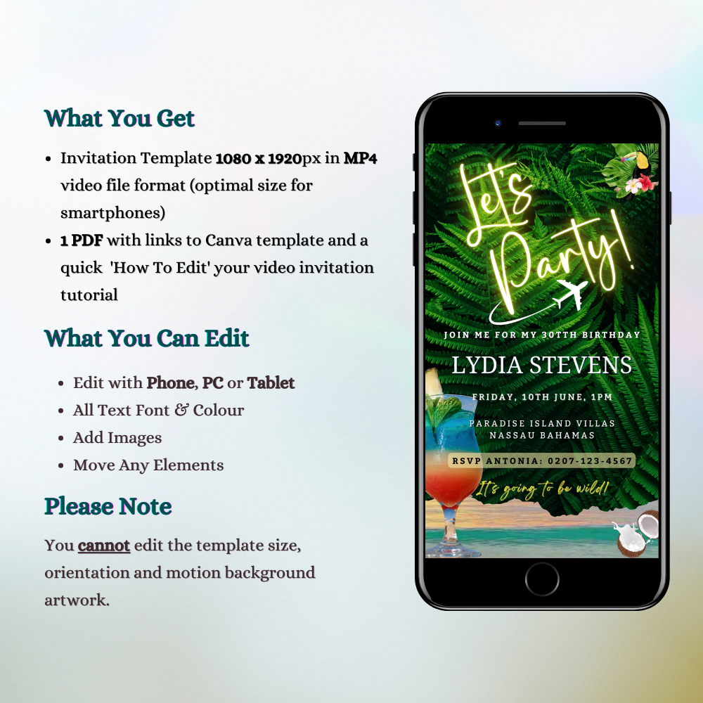 Customizable Tropical Ocean Destination Luau Birthday Video Invitation displayed on a smartphone screen, showcasing event details and vibrant design elements for easy personalization via Canva.