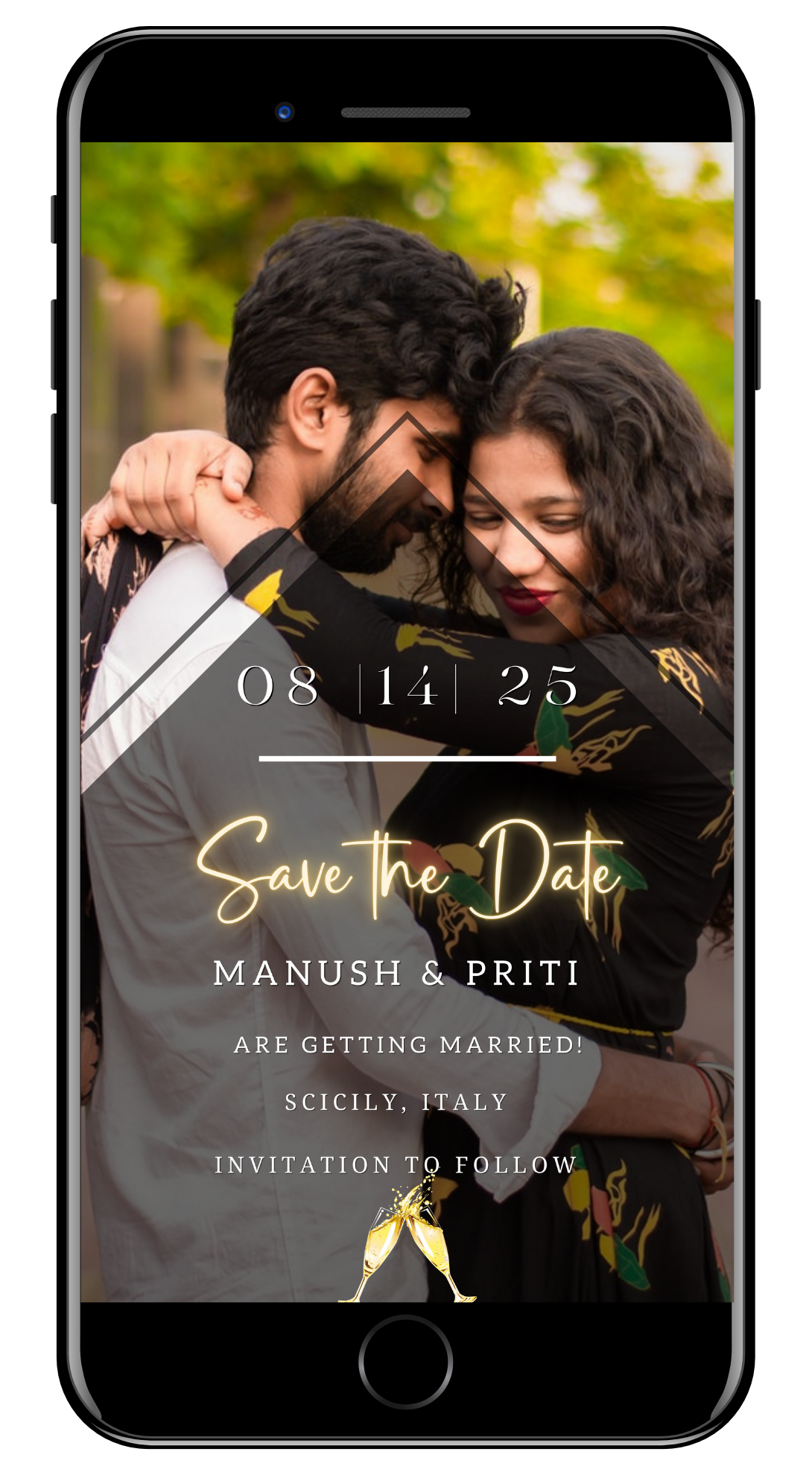 Man and woman hugging, showcasing Editable Gold Neon Photo Save The Date Wedding Evite, customizable via Canva for easy digital sharing.