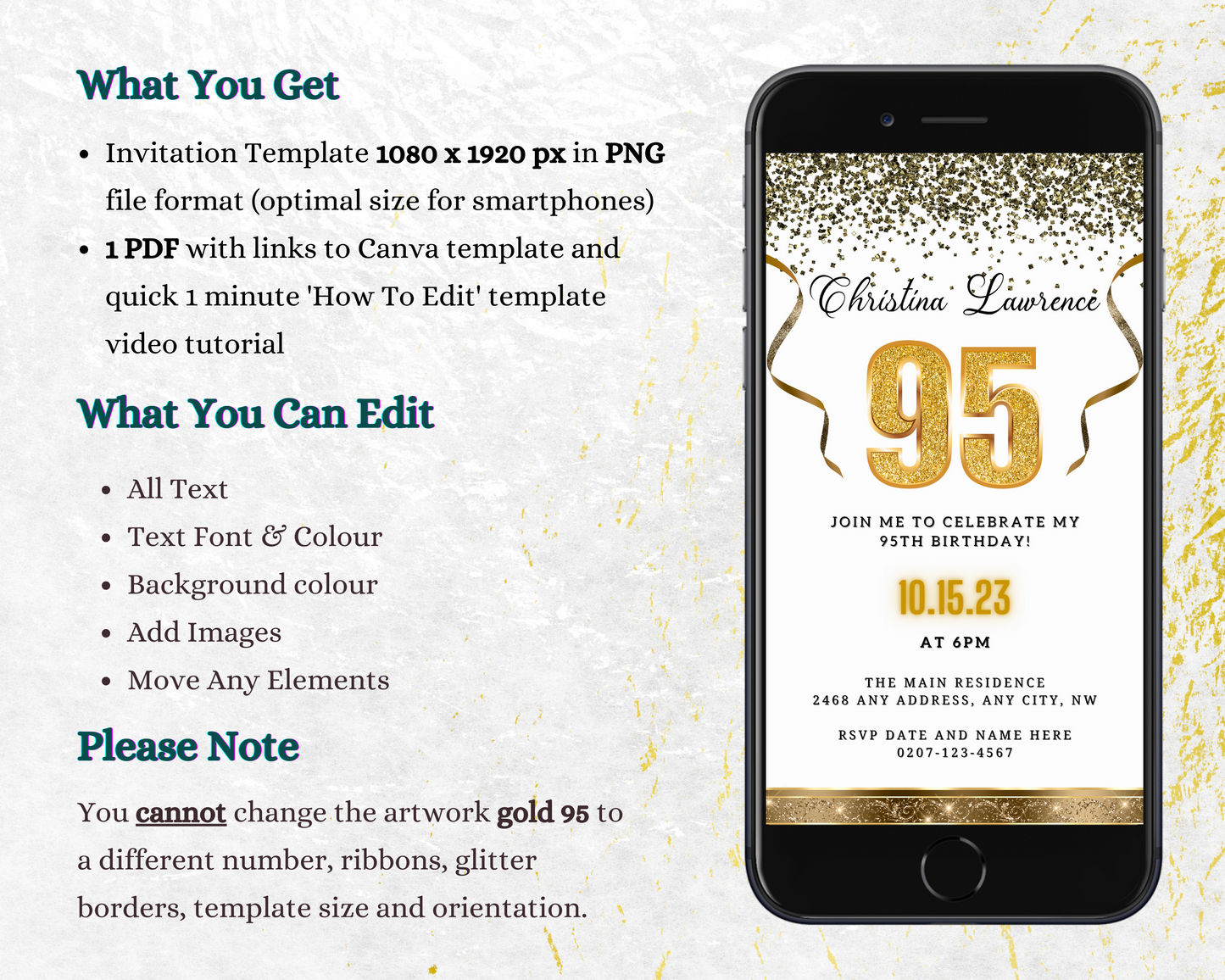 White Gold Confetti 95th Birthday Evite displayed on a smartphone screen, featuring customizable text and gold confetti design.
