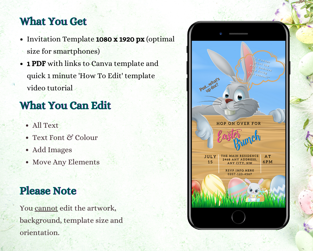Grey Easter Bunny Easter Party Evite displayed on a smartphone screen, featuring a cartoon bunny holding a sign, customizable via Canva for digital invitations.