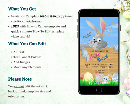 Grey Easter Bunny Easter Party Evite displayed on a smartphone screen, featuring a cartoon bunny holding a sign, customizable via Canva for digital invitations.