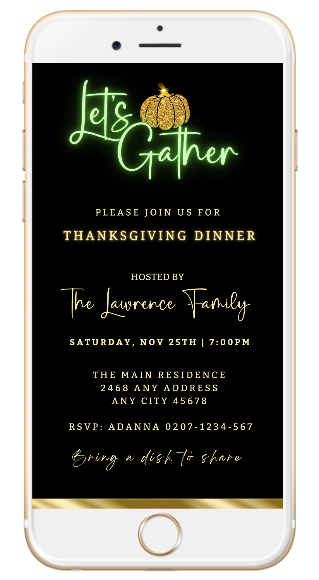 Personalizable Green Neon Black Gold Pumpkin Thanksgiving Dinner Evite displayed on a phone screen.