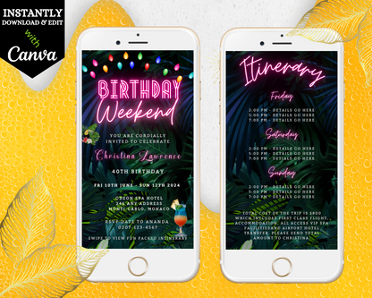 Two smartphones display a customizable digital Tropical Destination Neon Pink | Weekend Party Evite, perfect for personalizing and sharing via text, email, or messenger apps.