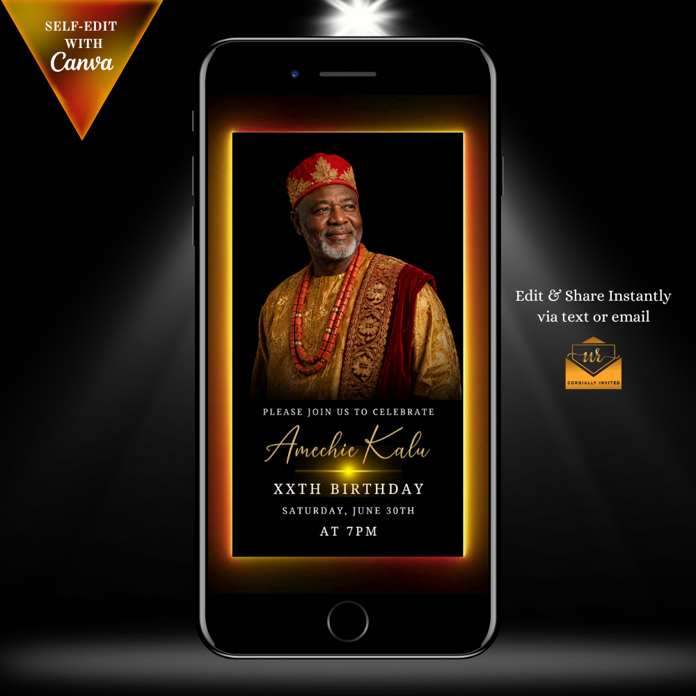 Red Yellow Black Gold Men’s Animated Birthday Invitation Suite With Photo