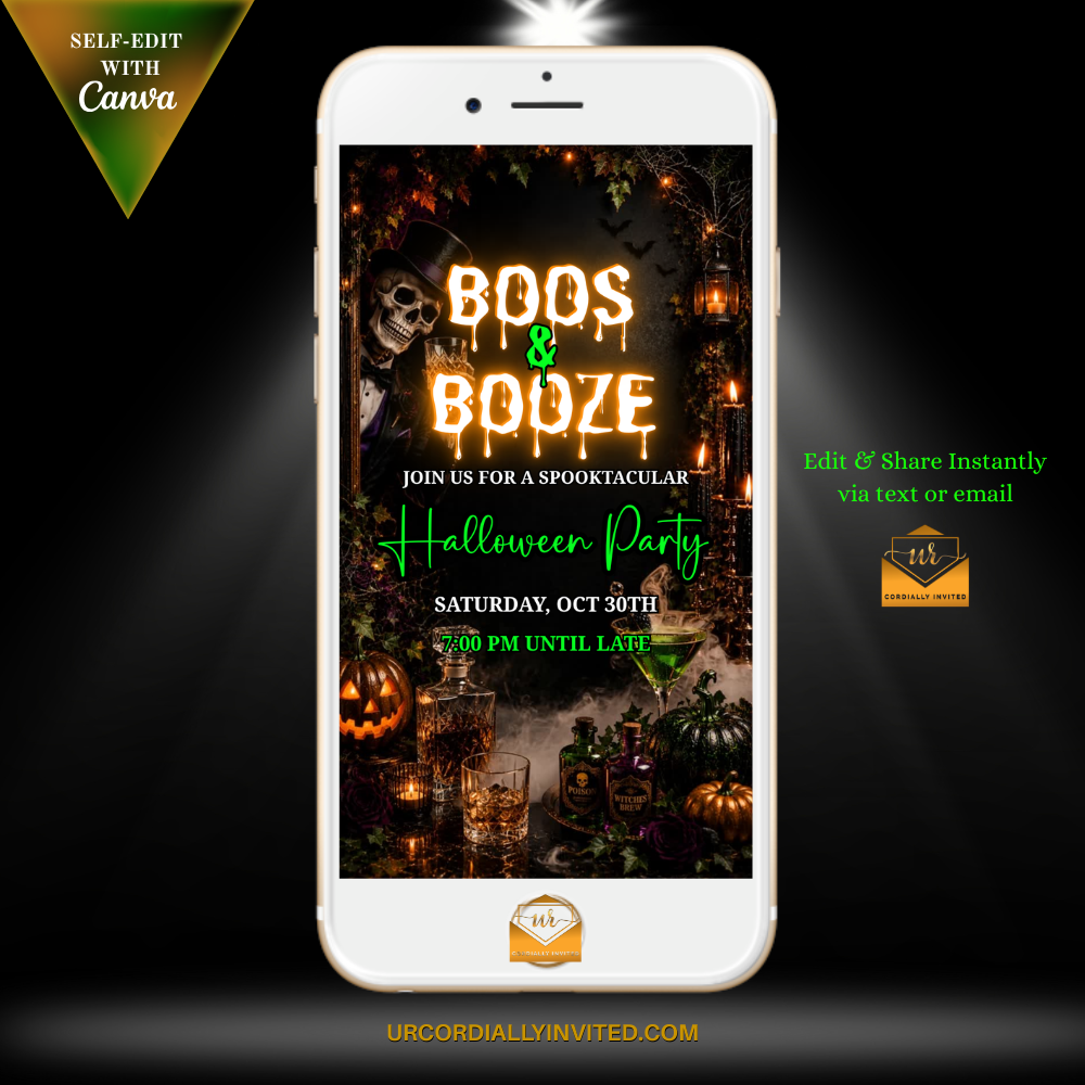 Skeleton Whiskey Boos & Booze Halloween Animated Video Invitation