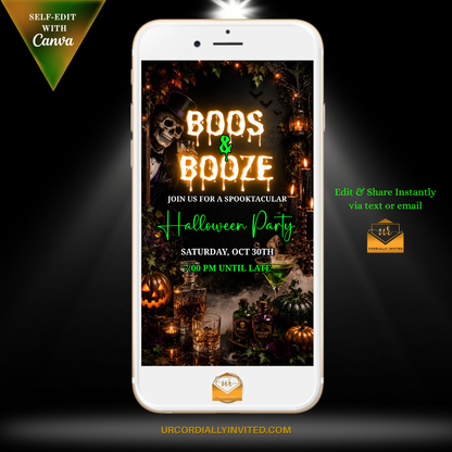 Skeleton Whiskey Boos & Booze Halloween Animated Video Invitation