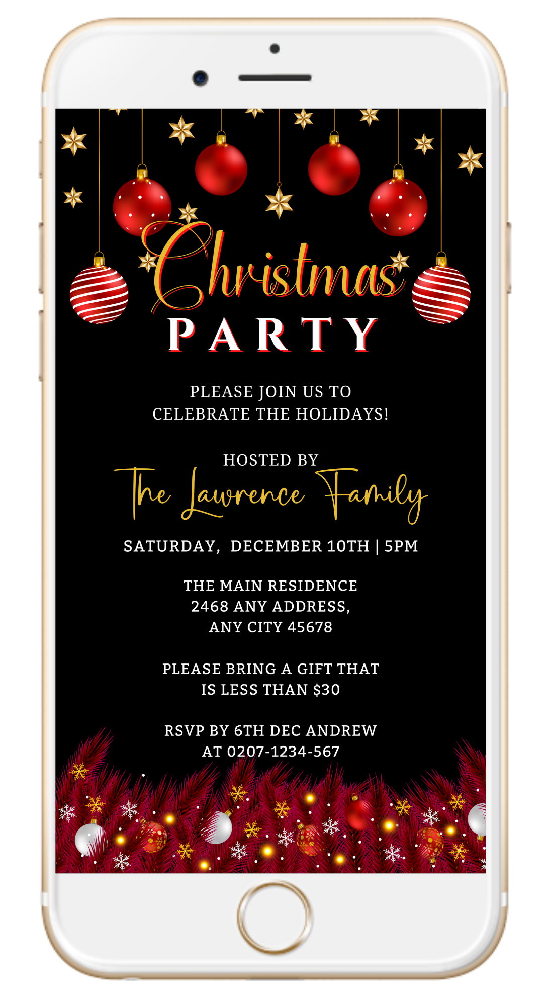 Editable Red Black Gold Ornament Christmas Party Evite displayed on a phone screen with customizable text and ornaments for DIY digital invitations via Canva.