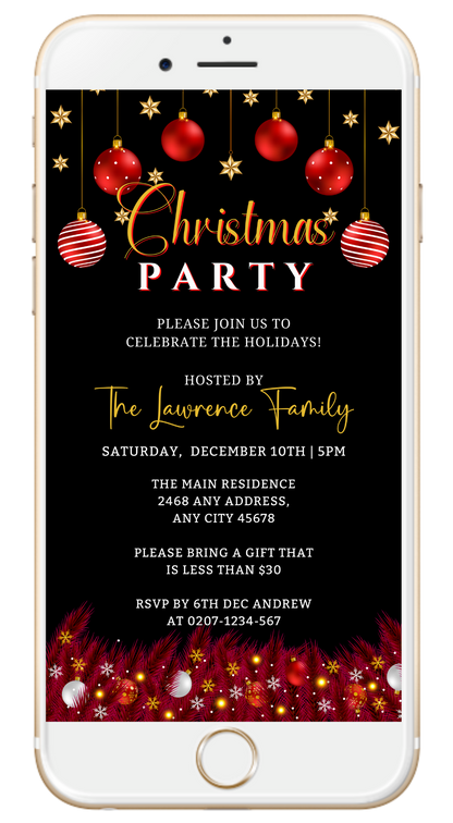 Editable Red Black Gold Ornament Christmas Party Evite displayed on a phone screen with customizable text and ornaments for DIY digital invitations via Canva.