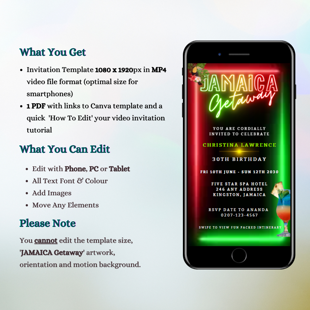 Smartphone displaying a customizable Digital Jamaica Girl's Getaway Party Video Invitation template, ready for personalization and electronic sharing via Text, Email, WhatsApp, and other messenger apps.