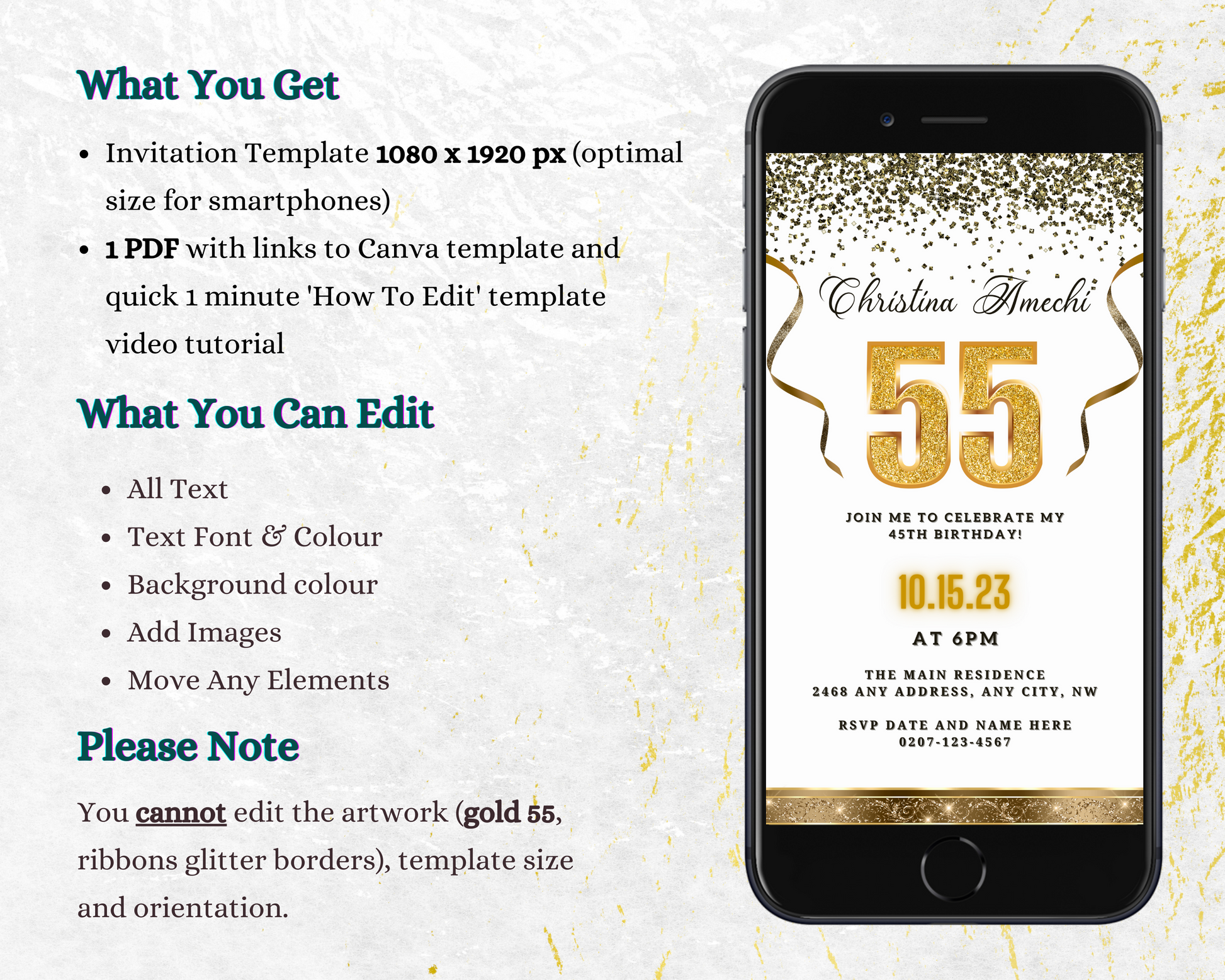 Customisable White Gold Confetti 55th Birthday Evite displayed on a smartphone. Features editable gold text and ribbons, ideal for sharing via digital platforms.