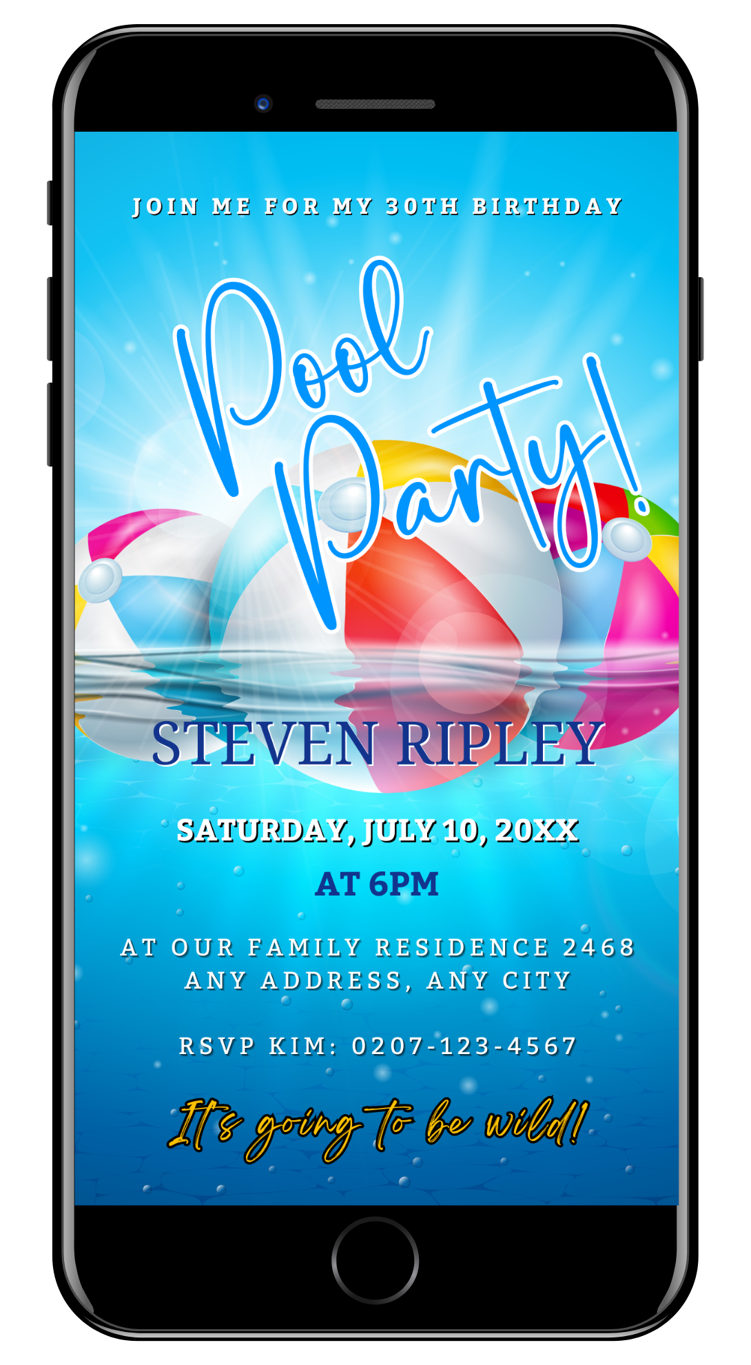 Digital Aqua Pool Party Invitation displayed on a smartphone screen, featuring customizable text and beach ball graphics, editable via Canva for easy event sharing.