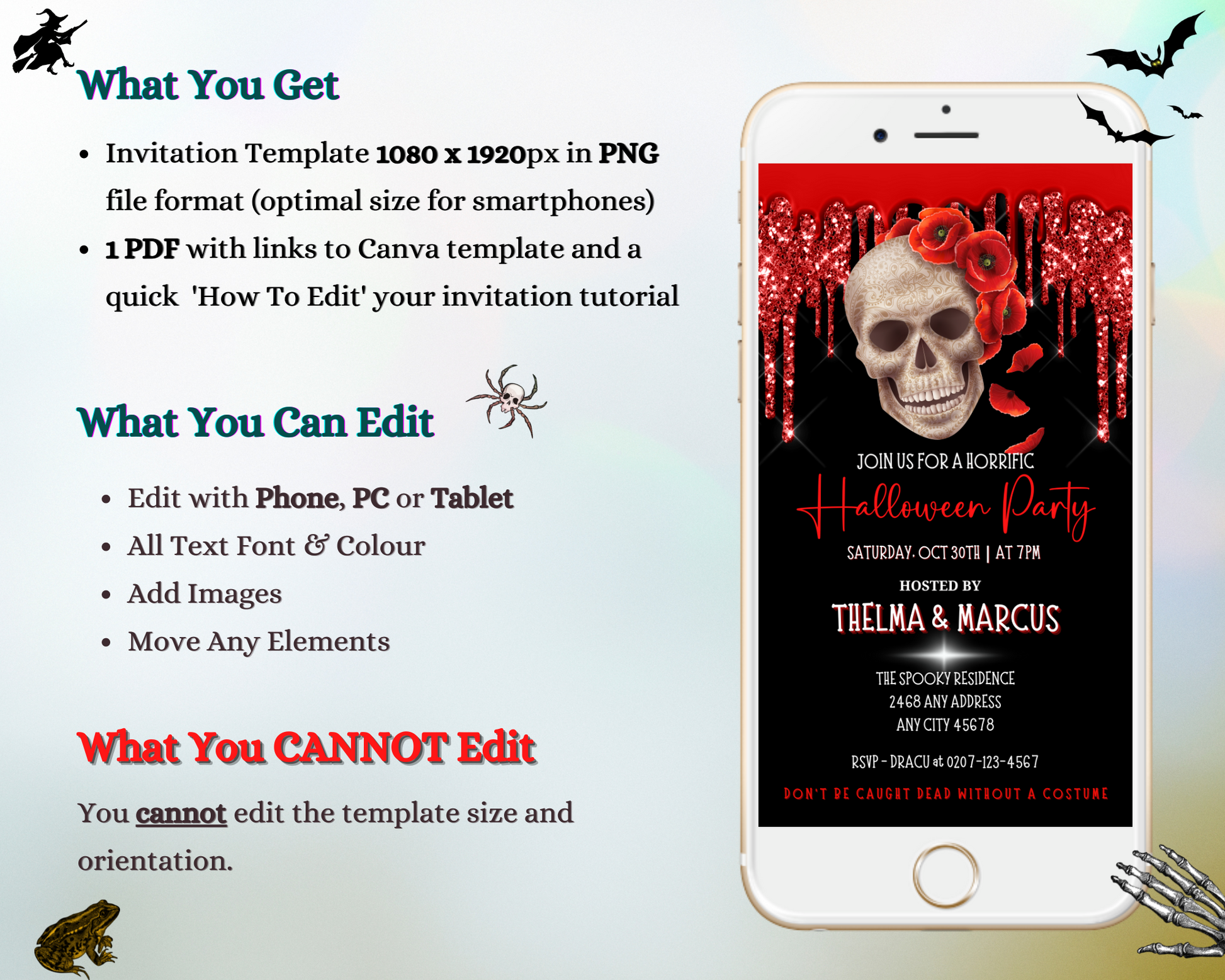 Dripping Red Black Fancy Rosey Skull | Halloween Evite featuring a customizable skull-themed digital invitation template for editing and sharing via Canva.