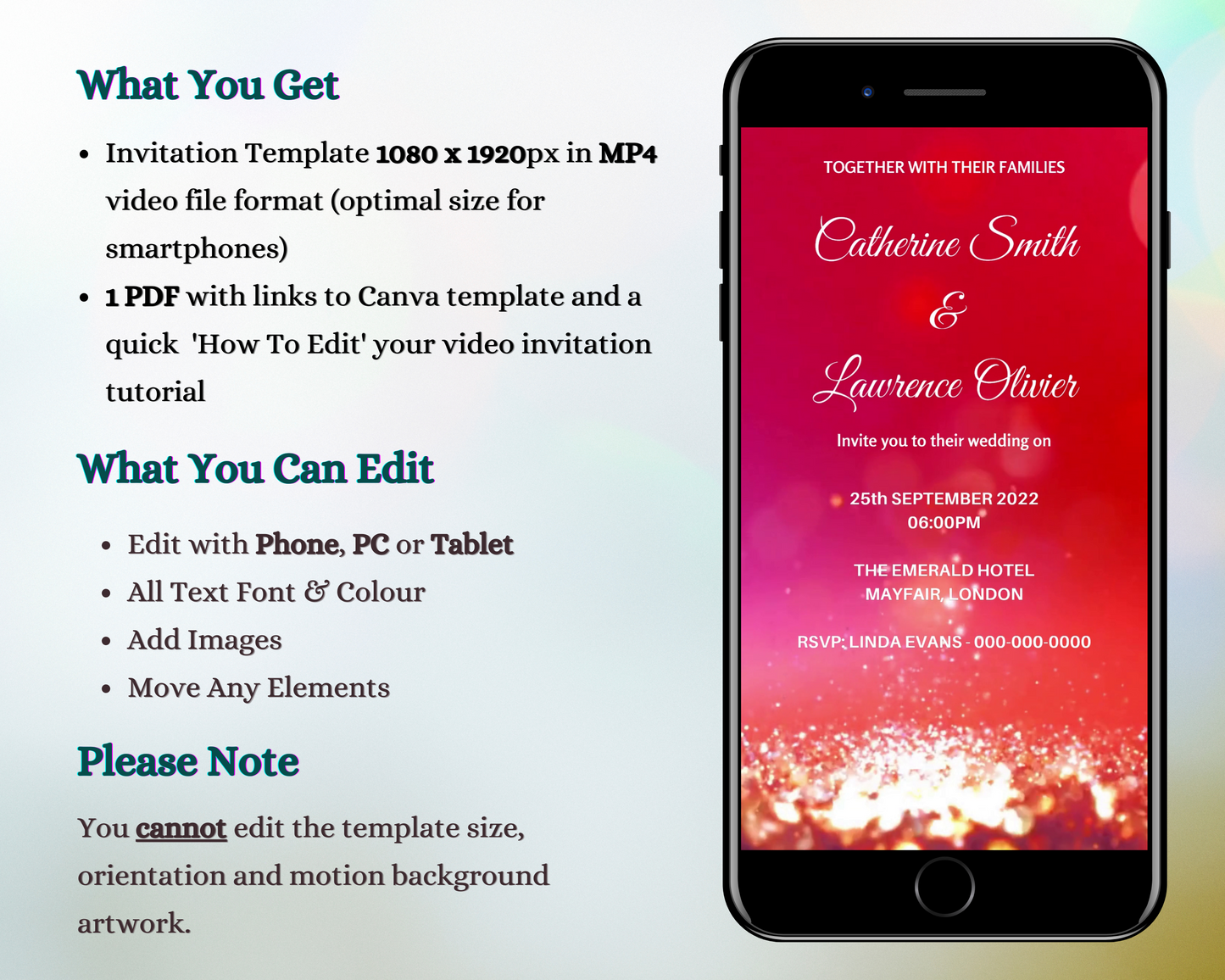 A customizable Digital Fuchsia Gold Glitter Wedding Video Invitation displayed on a smartphone screen, ready for editing and sharing via text, email, or messaging apps.