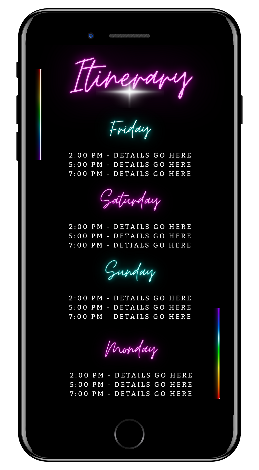 Miami Teal Pink Neon Getaway Party Evite screenshot with editable neon text on a smartphone, showcasing customizable digital invitation template.