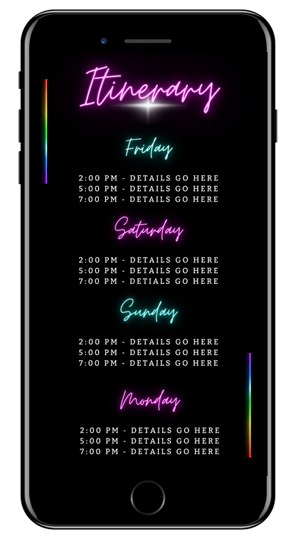 Miami Teal Pink Neon Getaway Party Evite screenshot with editable neon text on a smartphone, showcasing customizable digital invitation template.
