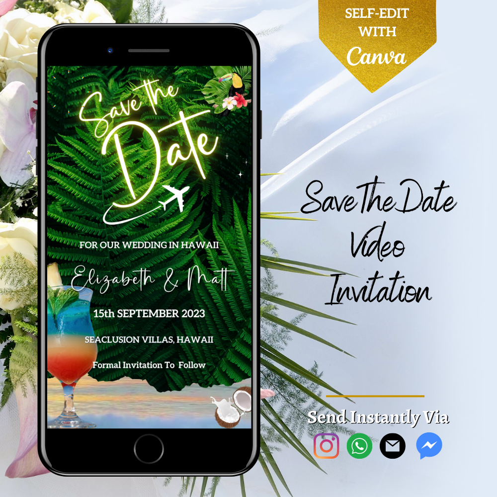 Customisable Digital Tropical Beach Destination Save The Date Video Invitation displayed on a smartphone screen, featuring a picture of a cocktail and editable event details.