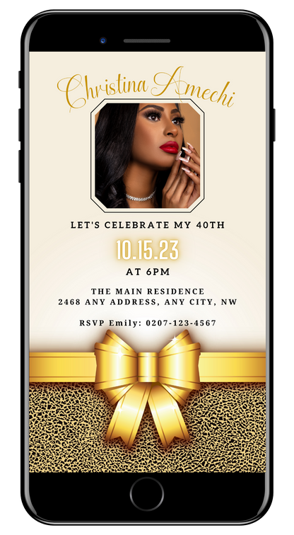 Customizable Digital Beige Gold Leopard 40th Birthday Evite on a smartphone screen, featuring a woman’s photo and editable text elements.