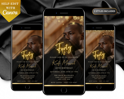 Group of smartphones displaying a customizable digital Gold Neon With Photo Background | Forty AF Party Evite template featuring a man's face, ideal for personalizing and sharing via mobile devices.