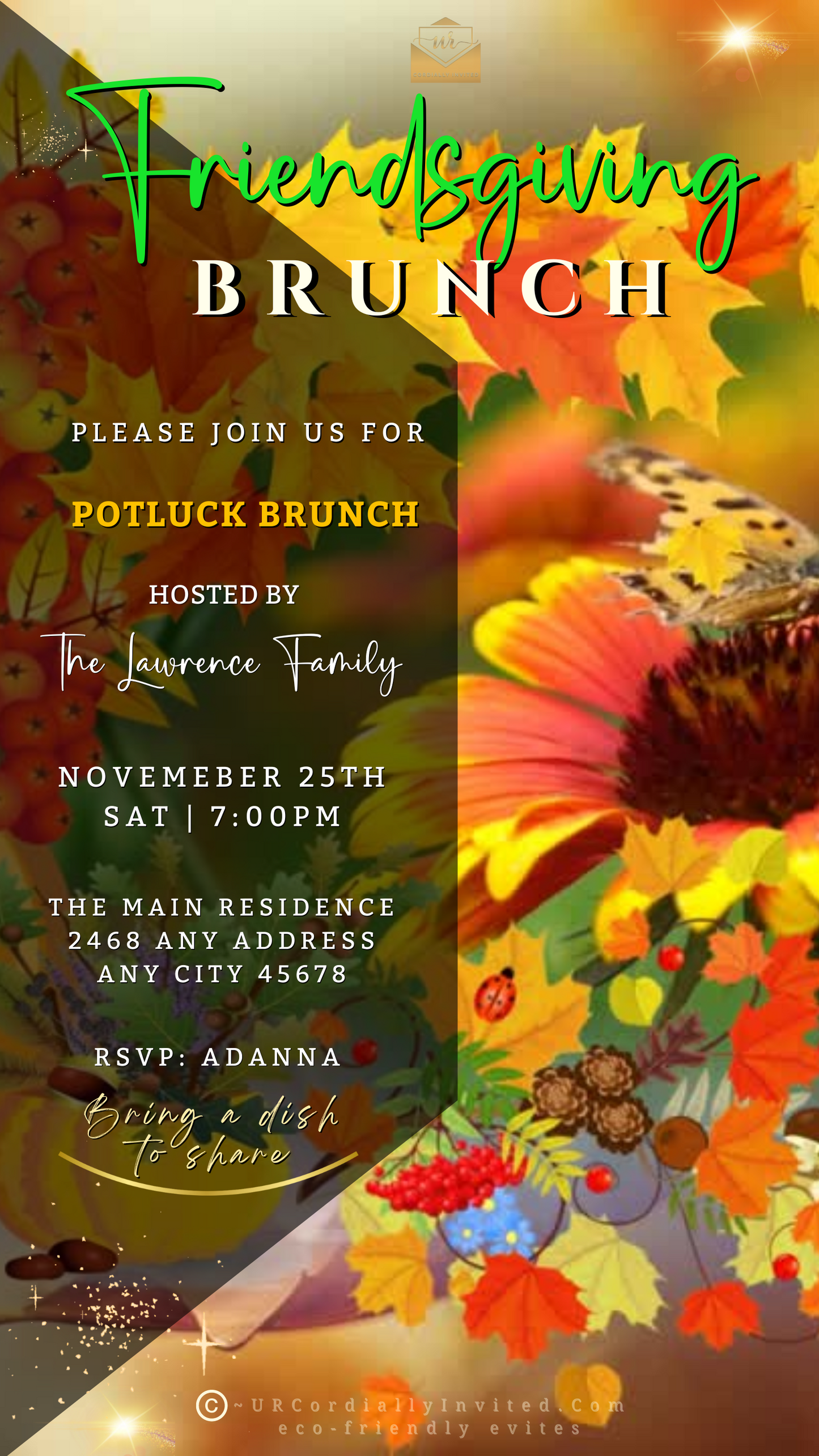 Friendsgiving Butterfly Potluck Video Invitation features an elegant design with a butterfly and flower motif, perfect for setting a festive gathering atmosphere.