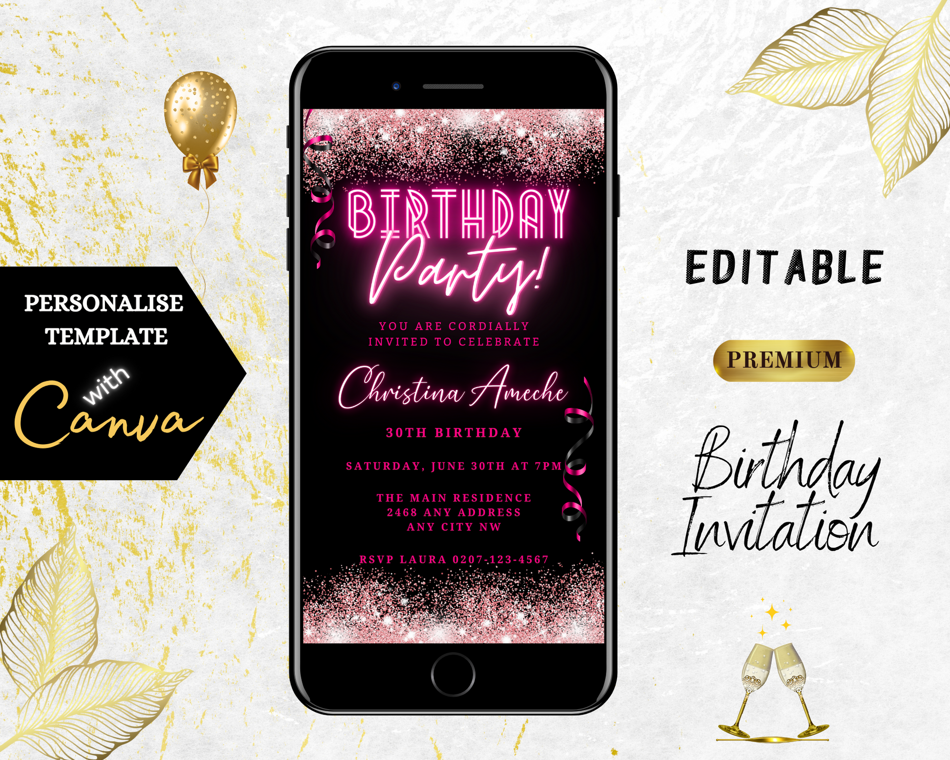 Customizable Digital Neon Pink Glitter Ribbons Birthday Party Evite displayed on a smartphone screen with festive balloons in the background.