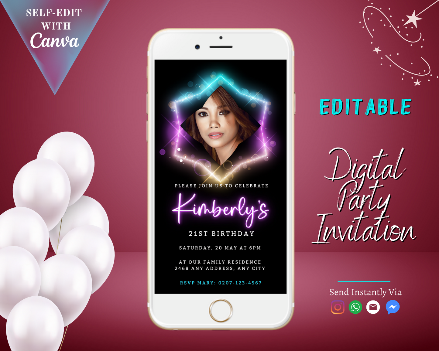 White smartphone displaying a woman's photo, representing the Colourful Neon Black Pink W/Photo Birthday Party Evite, a customizable digital invitation template from URCordiallyInvited.