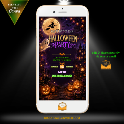 Moonlit Flying Witch Halloween Animated Video Invitation