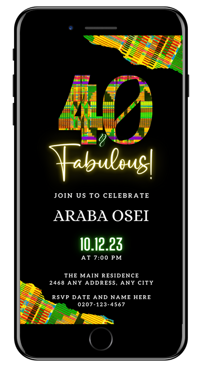 Editable Black Green Yellow Kente | 40 & Fabulous Party Evite displayed on a smartphone screen with customizable text and design elements.