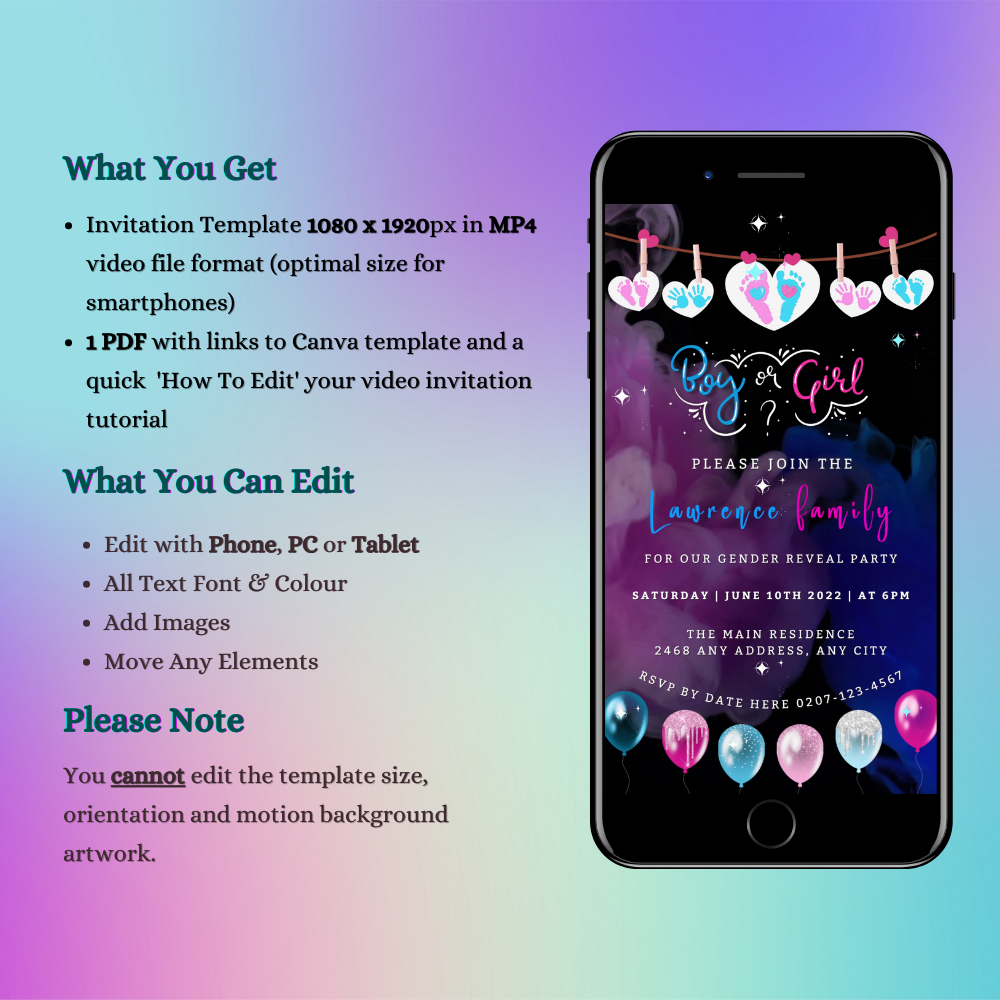 Smartphone displaying a customizable video invitation template with dark pink and blue hearts for a gender reveal party, featuring editable text and balloon graphics.