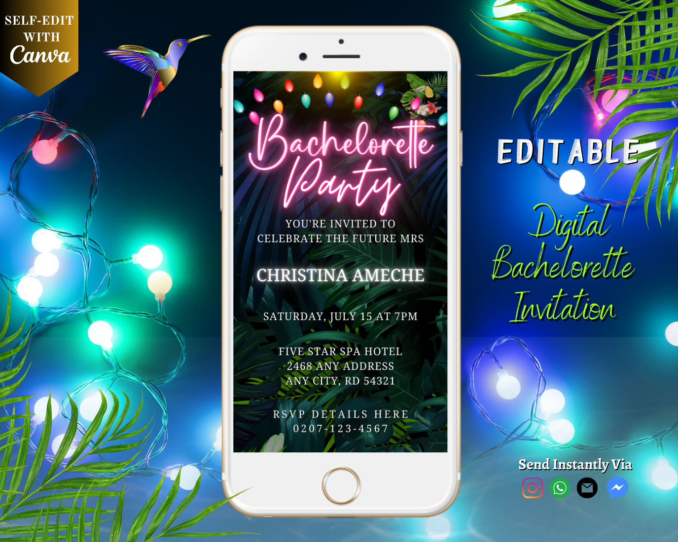 Smartphone displaying a customizable digital invitation with a colorful tropical neon pink theme for a bachelorette party, showcasing editable text and vibrant graphics.