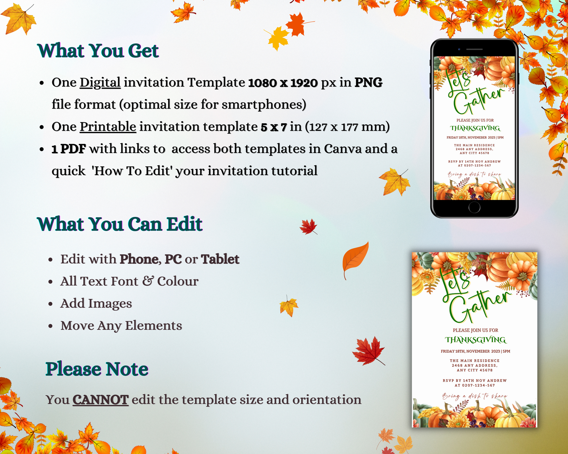 Phone displaying a Colourful Pumpkins Let's Gather | Thanksgiving Evite next to a printed invitation with pumpkins and leaves.