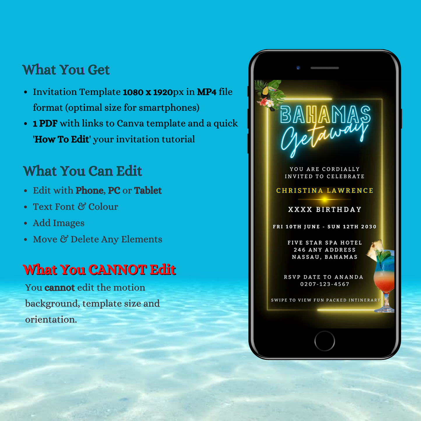 Smartphone displaying the Bahamas Getaway Video Invitation, featuring neon accents and tropical themes, perfect for customizable electronic invitations via URCordiallyInvited.