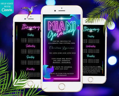 A group of smartphones displaying a customizable Miami Teal Pink Neon Getaway Party Evite template with neon lights.