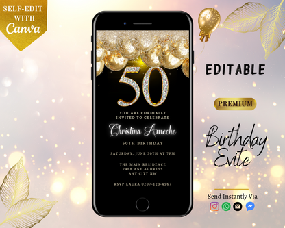 Customizable digital 50th birthday Evite featuring black background and gold balloons, designed for smartphone use. Editable with Canva, perfect for sharing via text or email.