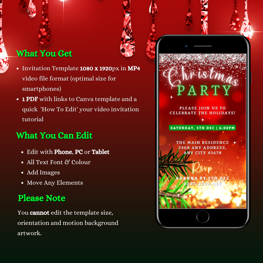 Red Gold Glitter Christmas Video Ecard for smartphones, customizable via Canva; features editable text, font, and elements for easy event invitation creation.