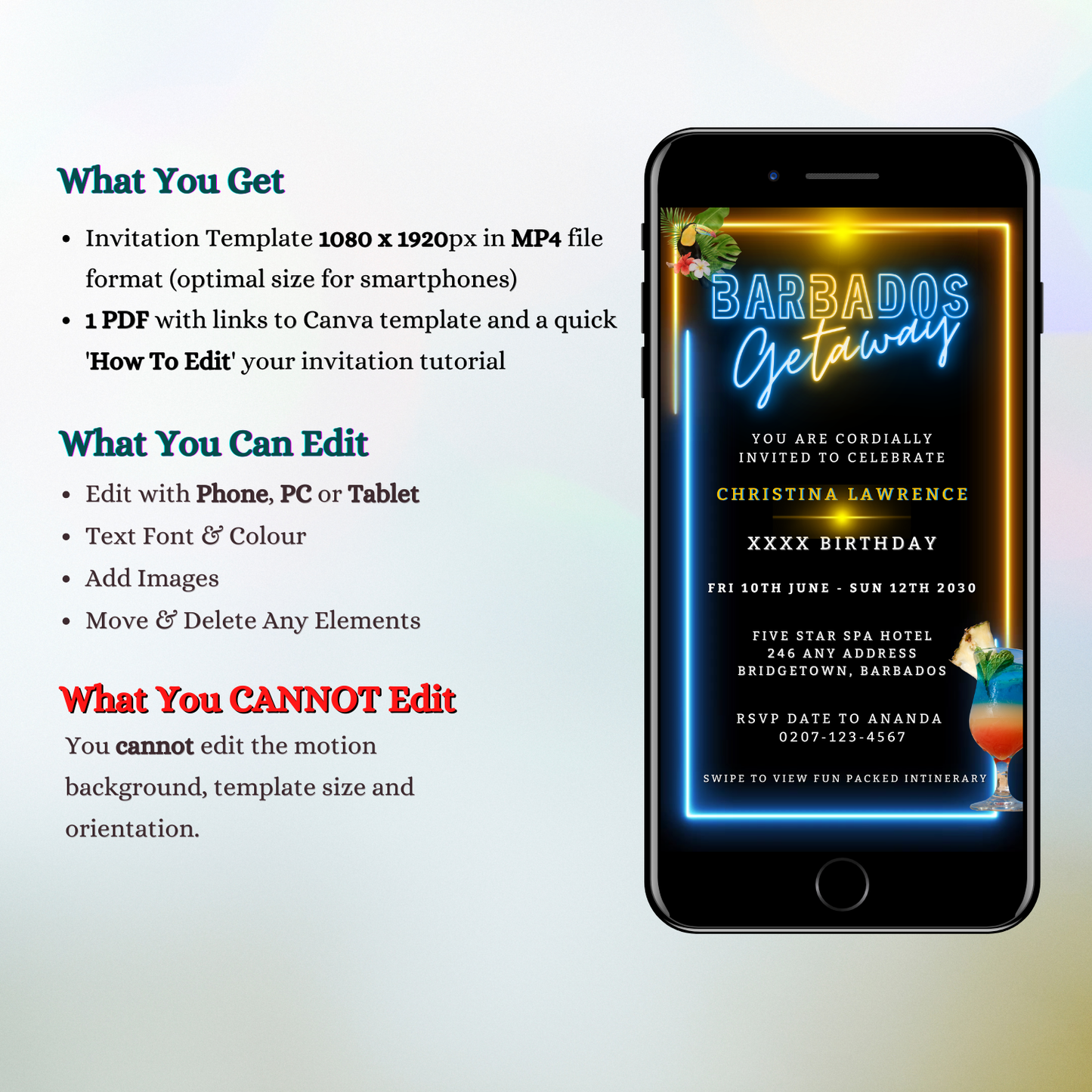 Barbados Getaway Video Invitation displayed on a smartphone screen, featuring vibrant neon accents and tropical themes for customizable digital invites.