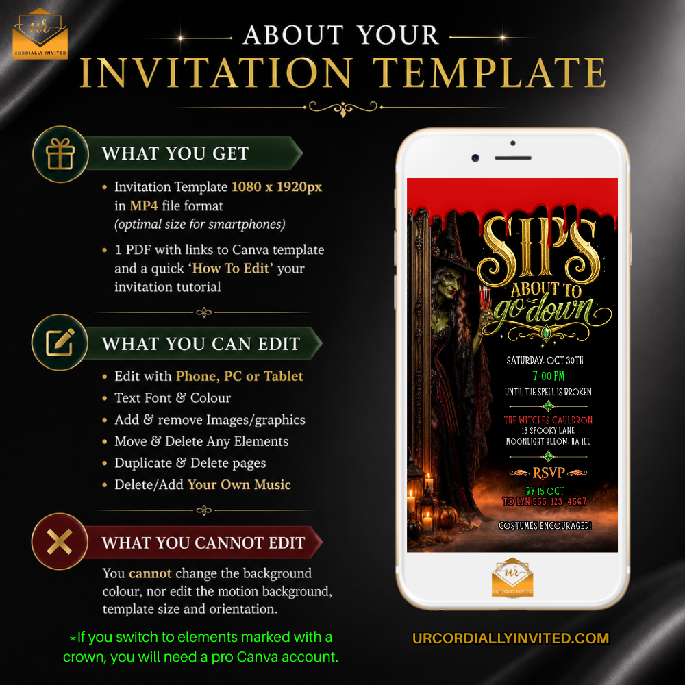 A promotional graphic for a customizable event invitation template, showing a smartphone mockup with a red and black invitation design and text reading 'SIP'S ABOUT TO GO DOWN.' The left side lists included features such as MP4 file format, PDF links for Canva template, and editable fields, on a dark patterned background.