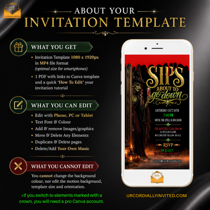 A promotional graphic for a customizable event invitation template, showing a smartphone mockup with a red and black invitation design and text reading 'SIP'S ABOUT TO GO DOWN.' The left side lists included features such as MP4 file format, PDF links for Canva template, and editable fields, on a dark patterned background.