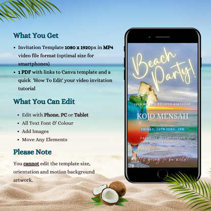 Cellphone on a beach displaying a customizable Beach Ocean Sound Party Video Invitation template for events from URCordiallyInvited.
