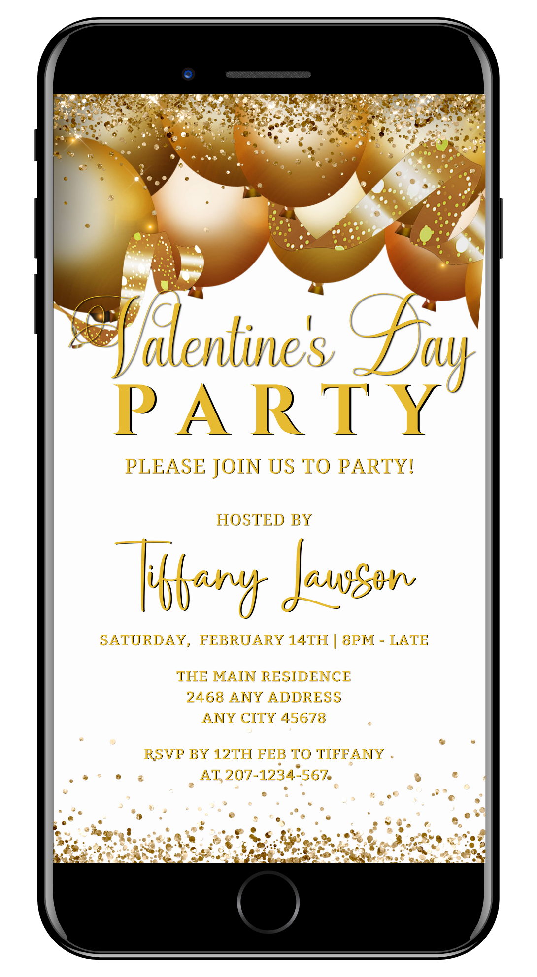 Cell phone displaying a customizable digital invitation for a White Gold Glitter Balloons Valentine's Party Evite.