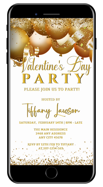 Cell phone displaying a customizable digital invitation for a White Gold Glitter Balloons Valentine's Party Evite.