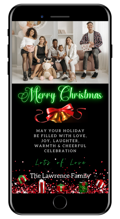 People sitting on a couch, exchanging gifts with a Neon Green Presents W/Photo | Merry Christmas Greeting Ecard displayed on a smartphone screen.