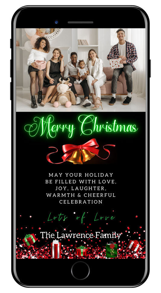 People sitting on a couch, exchanging gifts with a Neon Green Presents W/Photo | Merry Christmas Greeting Ecard displayed on a smartphone screen.