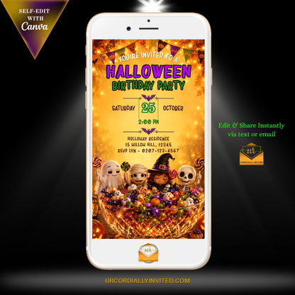 A Halloween birthday party invitation template displayed on a white smartphone screen, with orange and purple festive graphics, cartoon ghosts and a skeleton, and promotional text for Canva and Urcordially Invited on a black background.