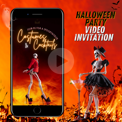 Costumes & Cocktails Halloween Video Invitation featuring cartoon skeletons, skull, and flaming cocktail, perfect for eerie digital party invites.